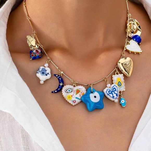Anthropologie Jewelry - Anthropologie Gold and Blue Charm Necklace Glass Beads
